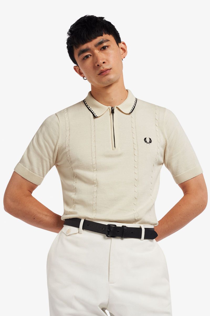 Men\'s Fred Perry Cable Detail Zip-Neck Knitted Shirts White | 9108643-NR