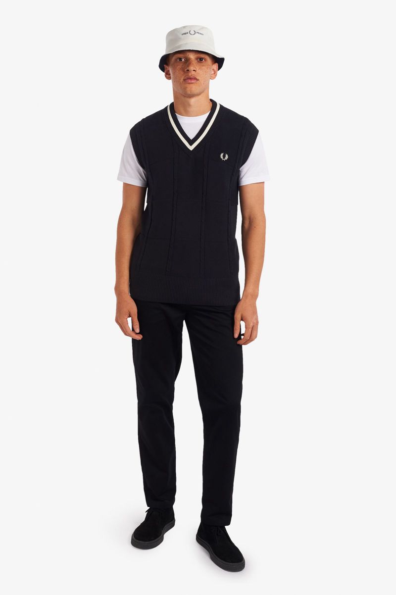 Men's Fred Perry Cable Knit Tank Knitwear Black | 1756098-GE