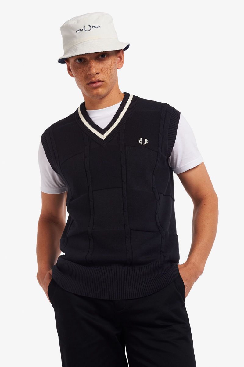 Men\'s Fred Perry Cable Knit Tank Knitwear Black | 1756098-GE