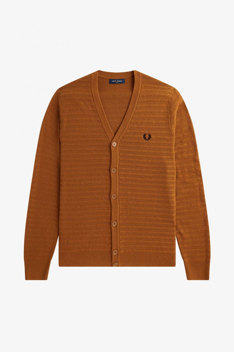 Men's Fred Perry Chevron Textured Cardigan Knitwear Camel | 3914052-CN