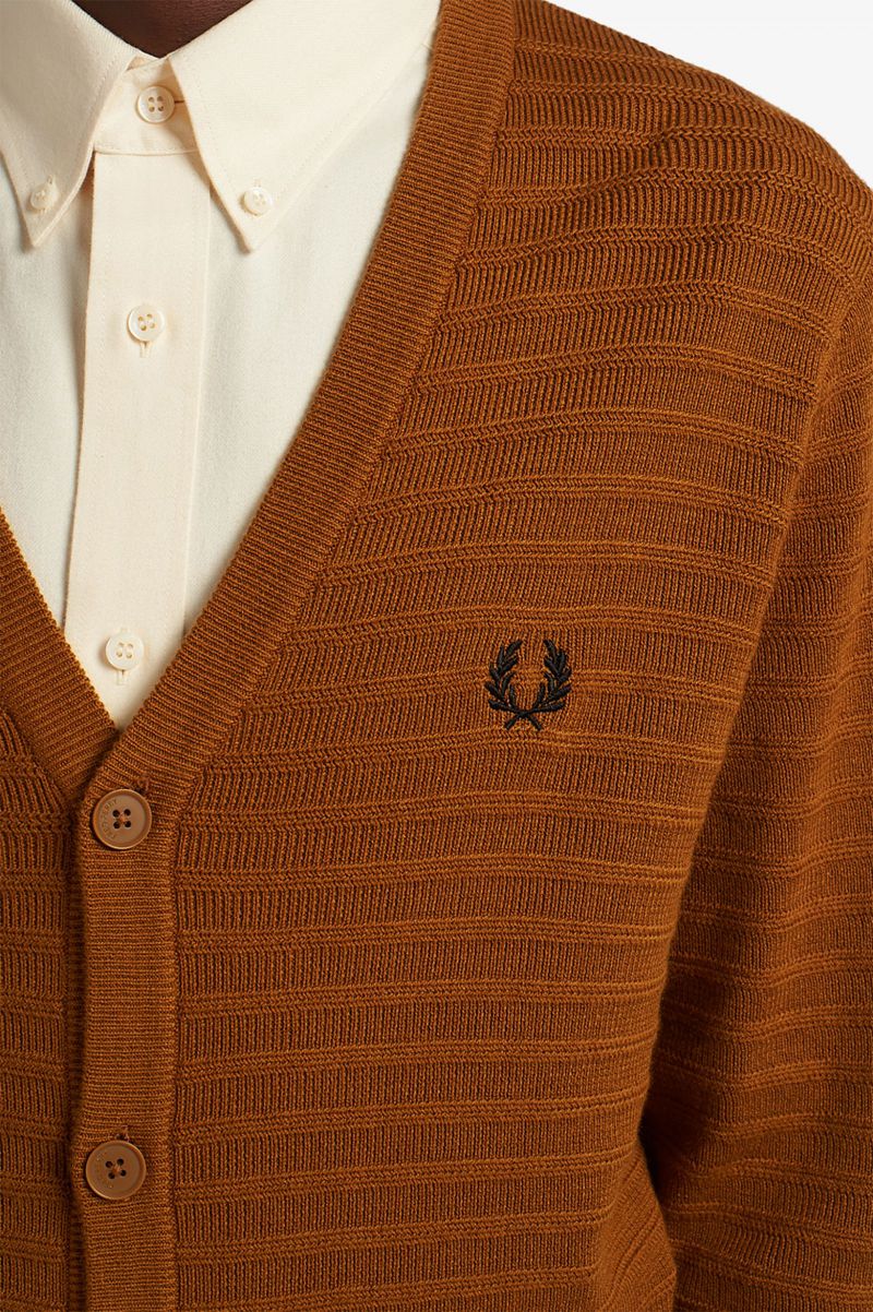 Men's Fred Perry Chevron Textured Cardigan Knitwear Camel | 3914052-CN