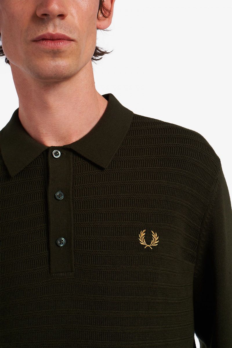 Men's Fred Perry Chevron Textured Knitted Shirts Green | 7584623-TK