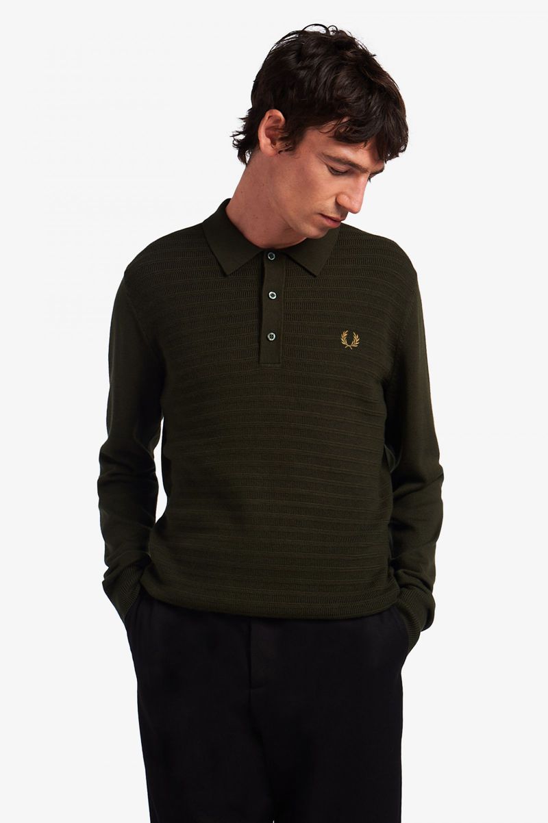 Men\'s Fred Perry Chevron Textured Knitted Shirts Green | 7584623-TK