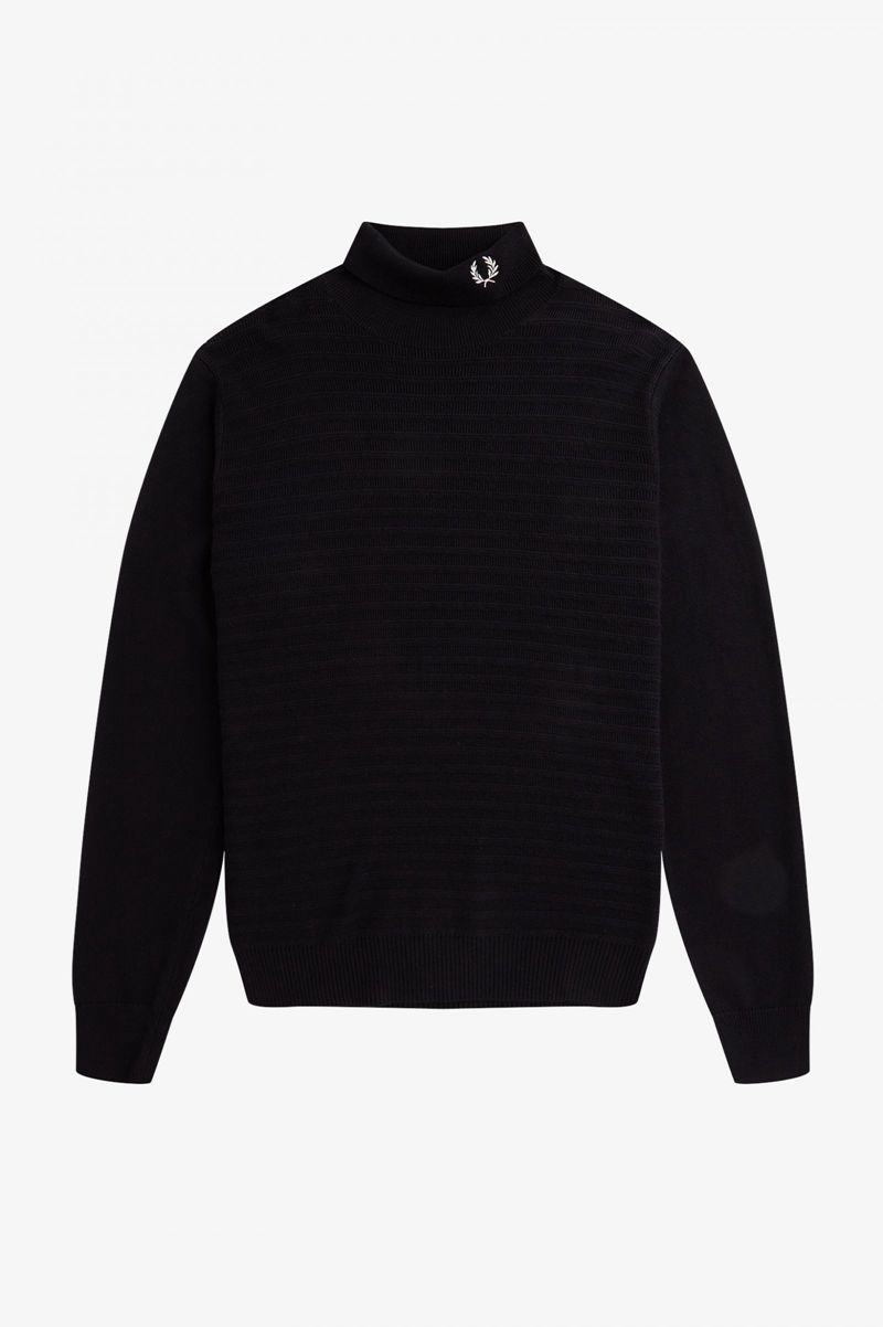 Men's Fred Perry Chevron Textured Roll Neck Jumper Knitwear Black | 9806731-LU