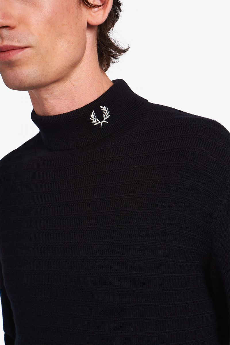 Men's Fred Perry Chevron Textured Roll Neck Jumper Knitwear Black | 9806731-LU