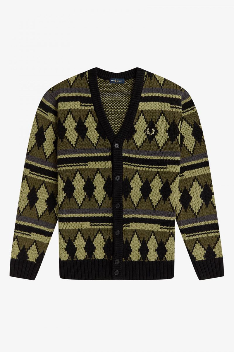 Men's Fred Perry Chunky Jacquard Cardigan Knitwear Olive Green | 4906812-BJ