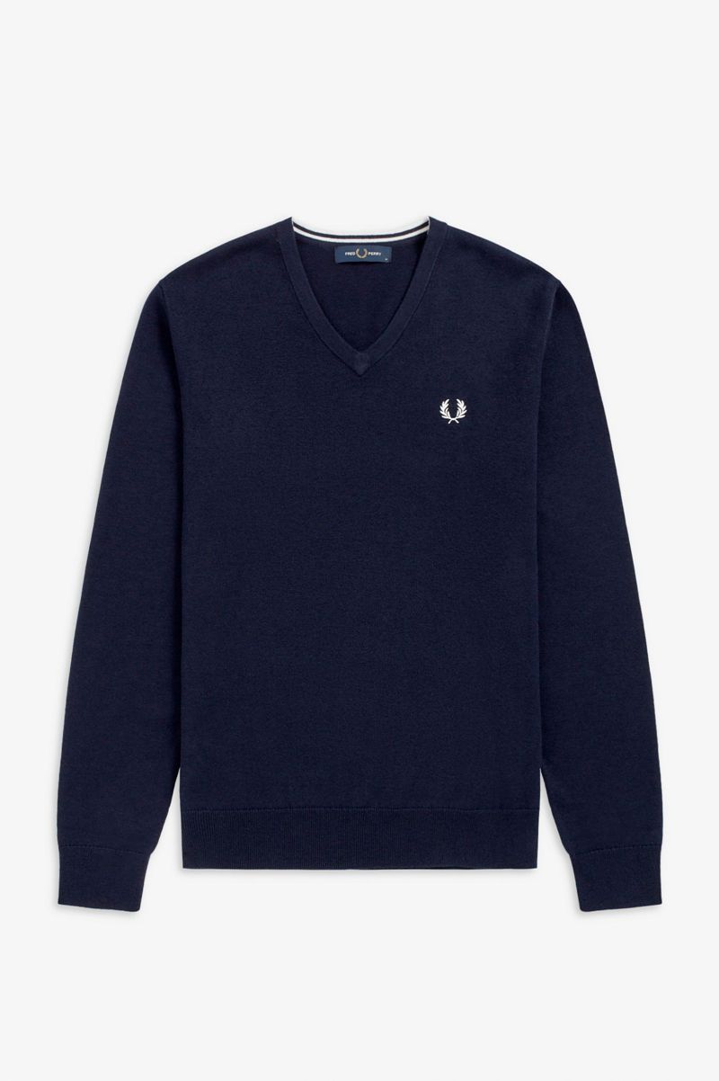 Men's Fred Perry Classic V Neck Jumper Knitwear Navy | 1356974-WM