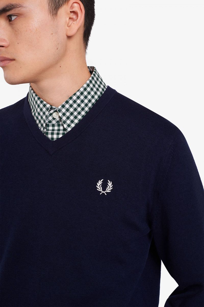 Men's Fred Perry Classic V Neck Jumper Knitwear Navy | 1356974-WM