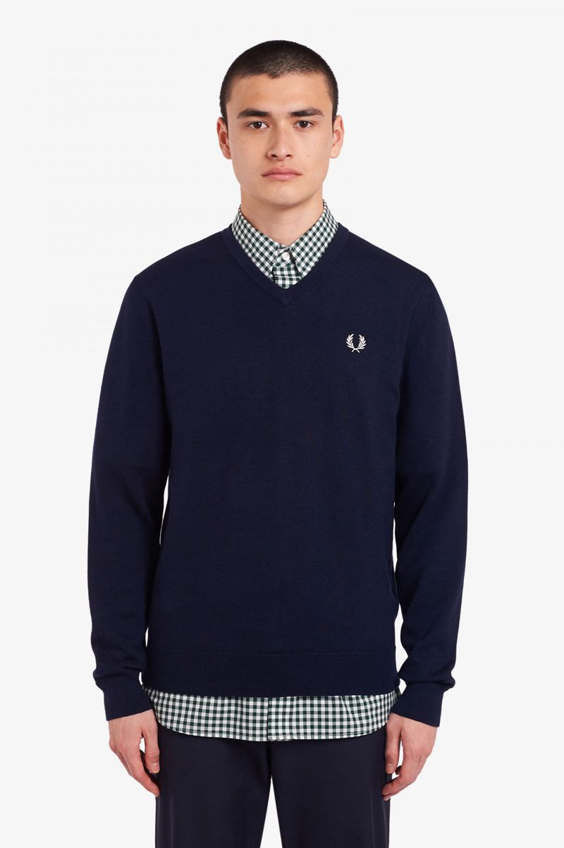 Men\'s Fred Perry Classic V Neck Jumper Knitwear Navy | 1356974-WM