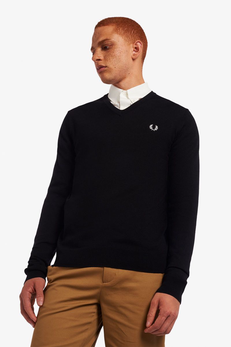 Men\'s Fred Perry Classic V Neck Jumper Knitwear Black | 9023576-SX