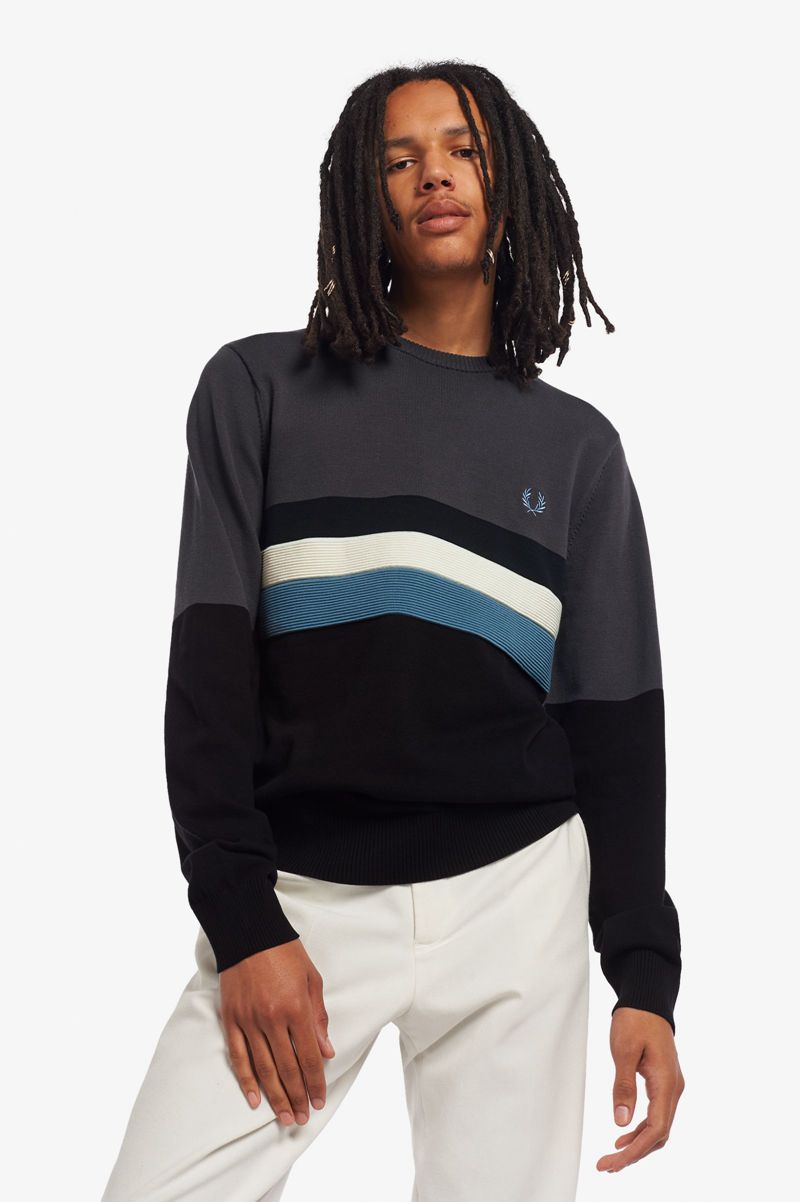 Men\'s Fred Perry Colour Block Crew Jumper Knitwear Black | 0682517-SF