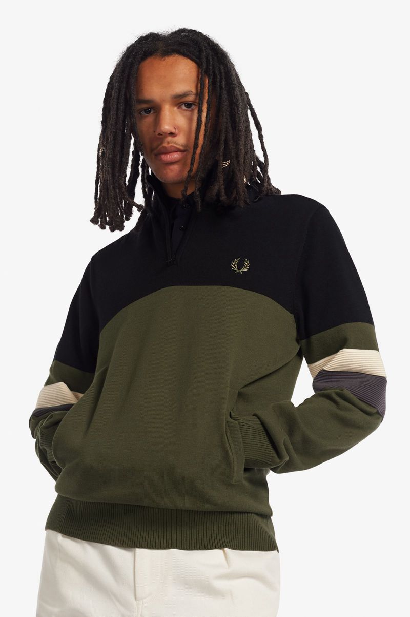 Men\'s Fred Perry Colour Block Half-Zip Jumper Knitwear Green | 7963085-TF