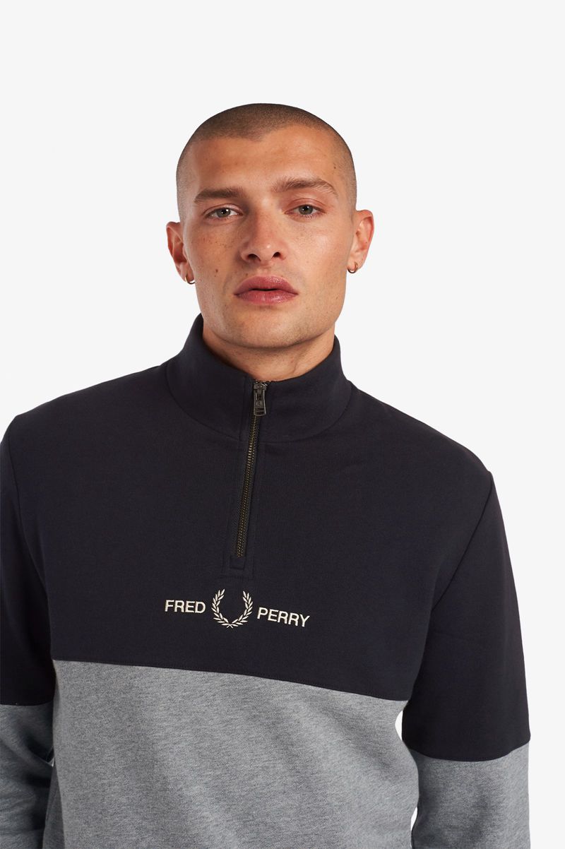 Men's Fred Perry Colour Block Half Zip Sweatshirts Grey | 1867590-PH