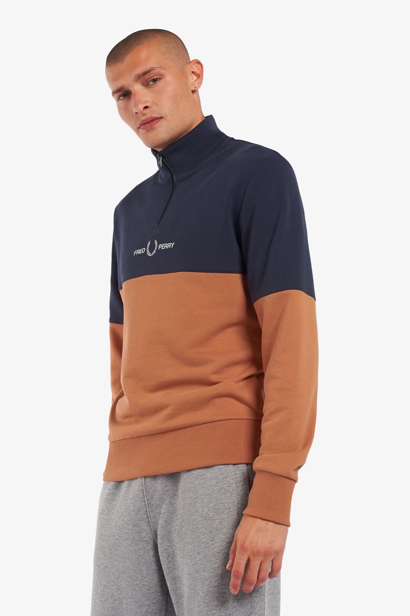 Men's Fred Perry Colour Block Half Zip Sweatshirts Bronze | 6597413-AB