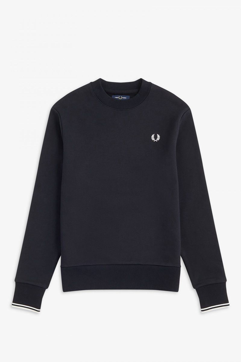 Men's Fred Perry Crew Neck Sweatshirts Black | 3702951-XS