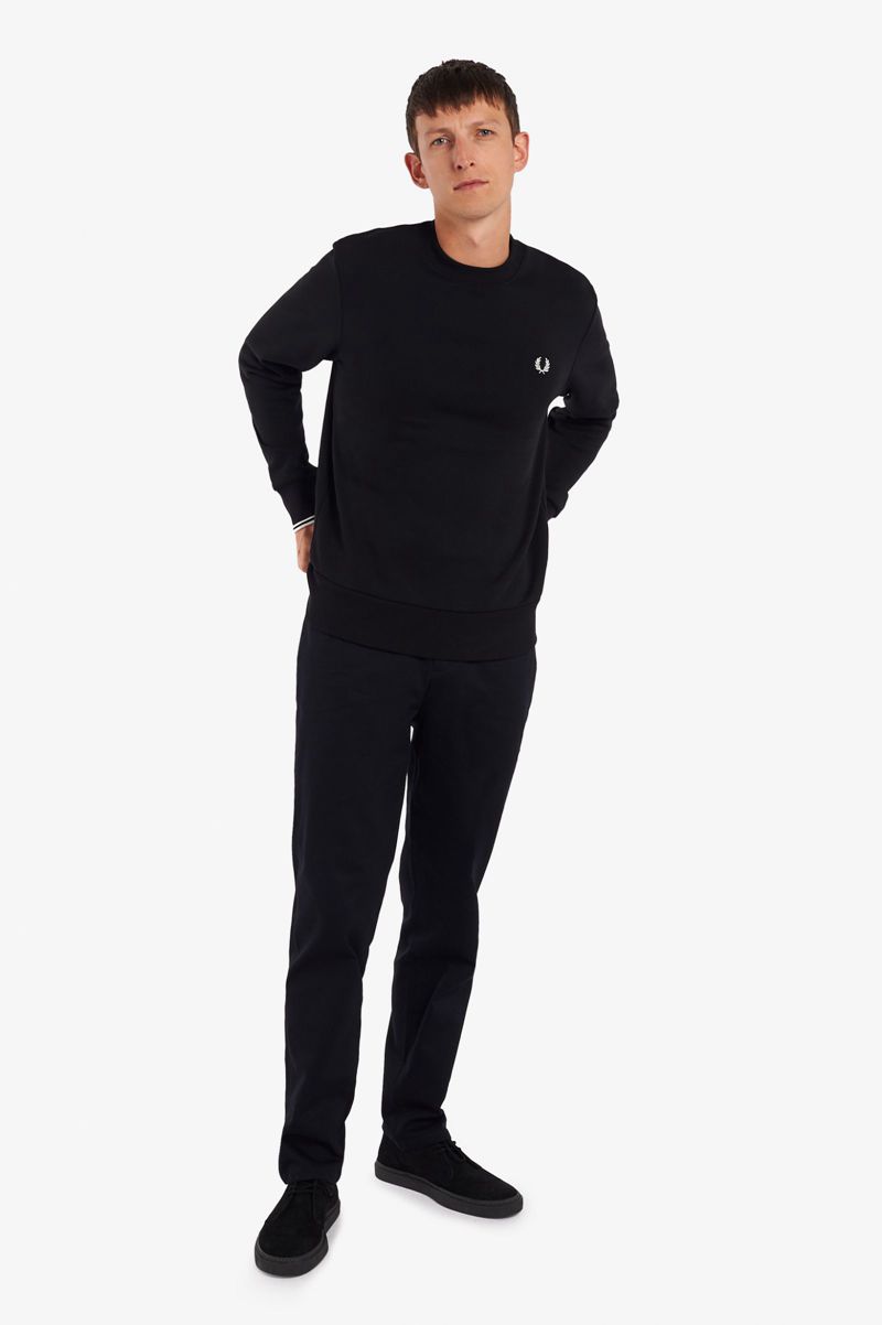 Men's Fred Perry Crew Neck Sweatshirts Black | 3702951-XS