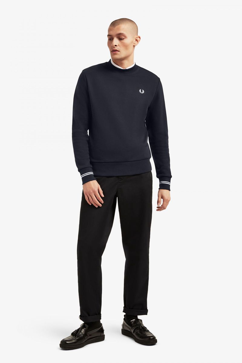 Men's Fred Perry Crew Neck Sweatshirts Navy | 6341950-QN