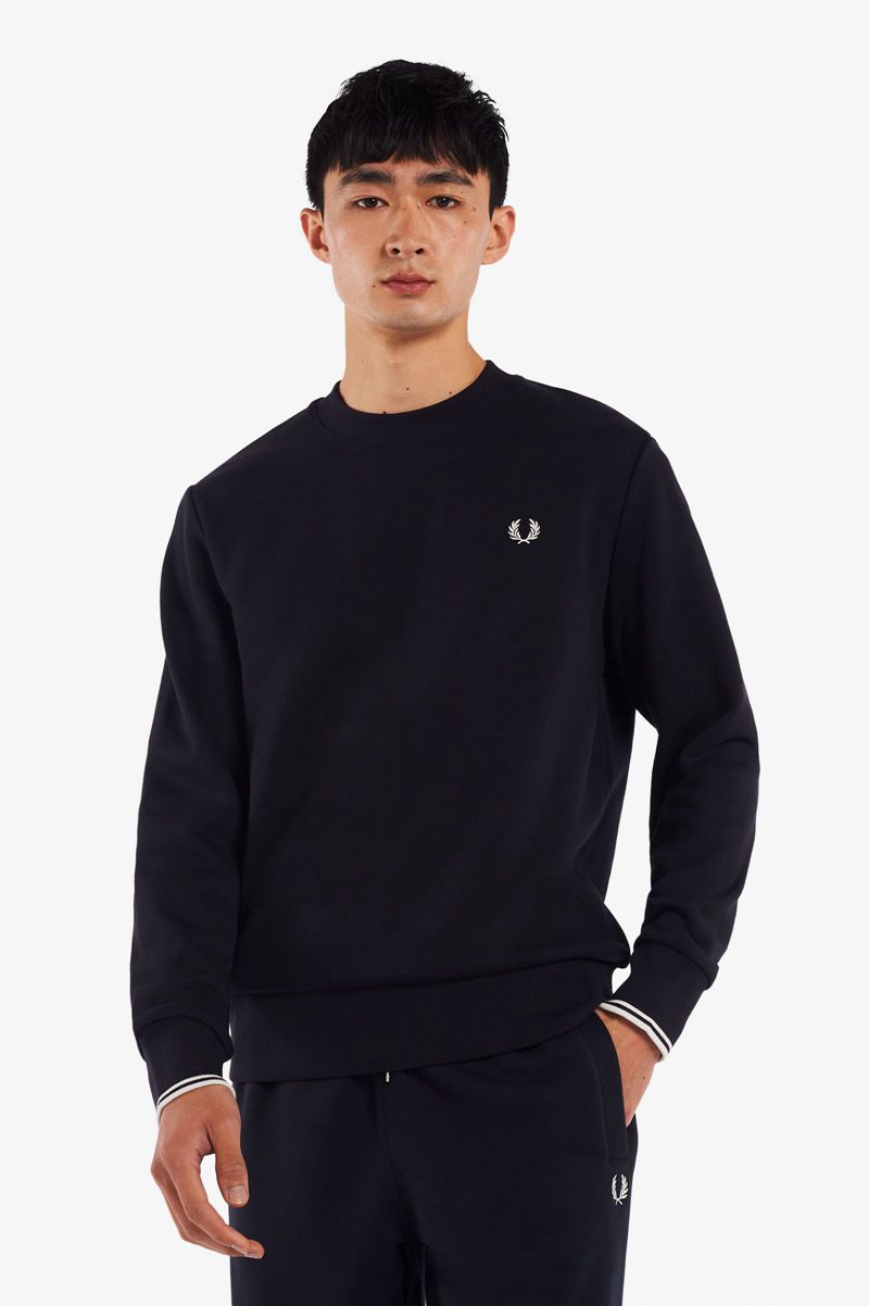 Men\'s Fred Perry Crew Neck Sweatshirts Navy | 6341950-QN