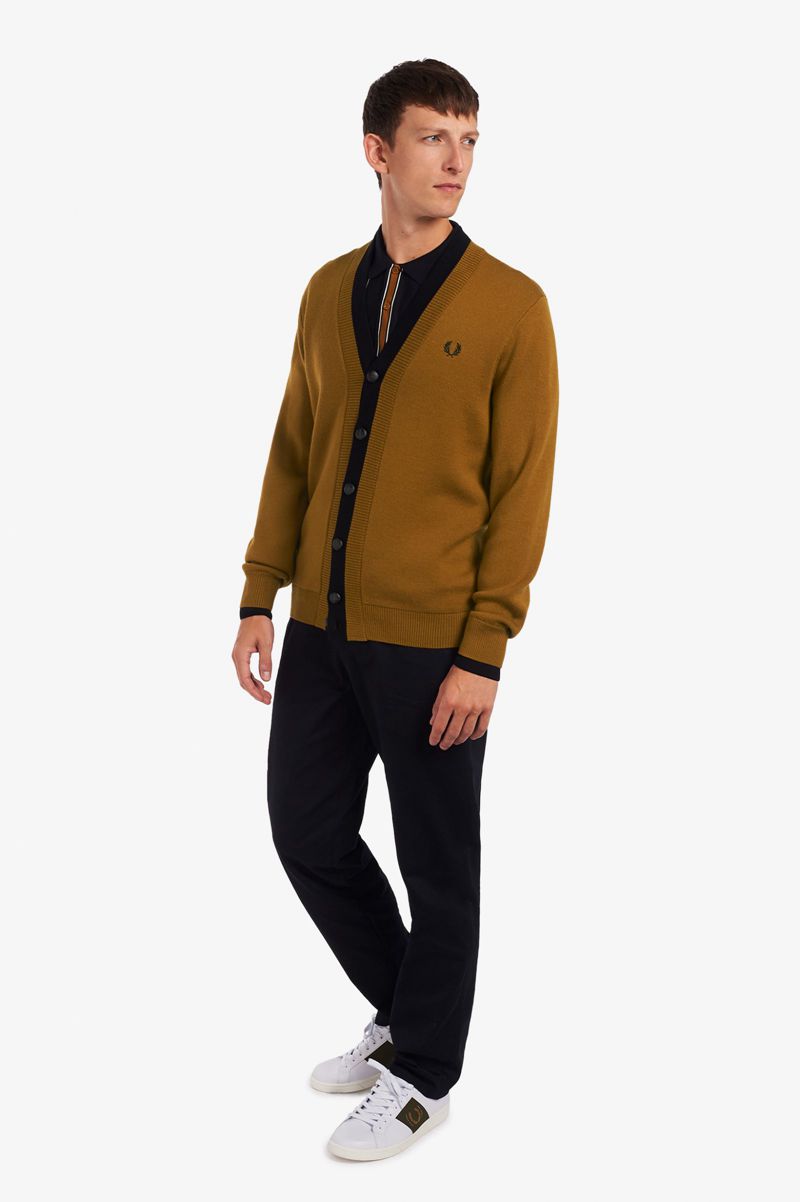 Men's Fred Perry Double Placket Cardigan Knitwear Camel | 3562094-WQ