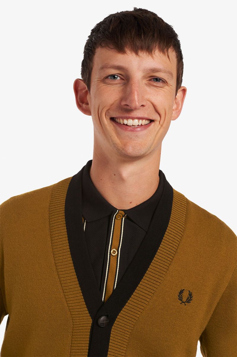 Men's Fred Perry Double Placket Cardigan Knitwear Camel | 3562094-WQ