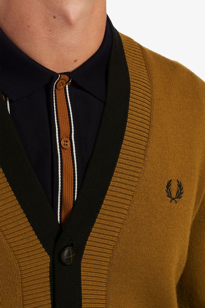 Men's Fred Perry Double Placket Cardigan Knitwear Camel | 3562094-WQ