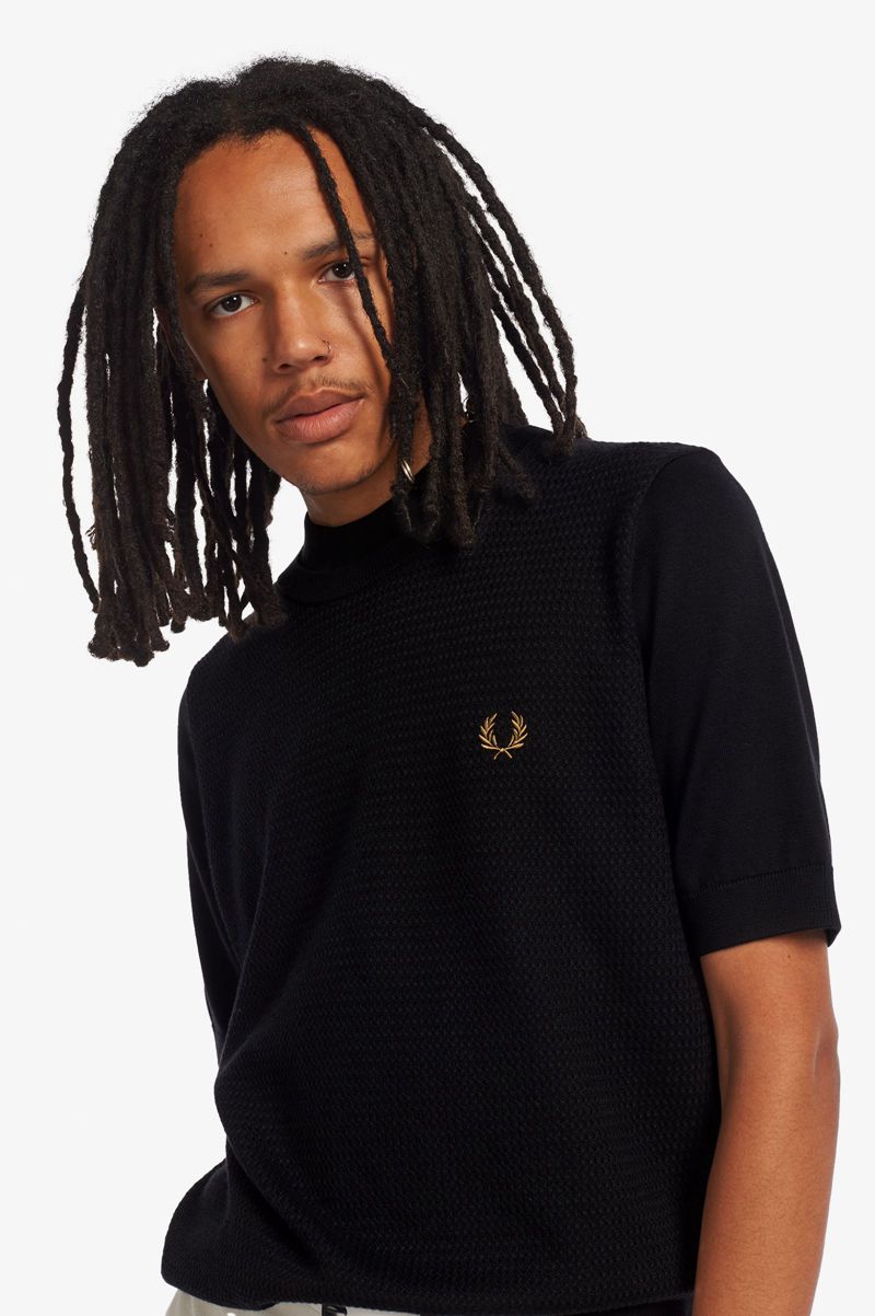 Men's Fred Perry Double Trim Knitted T-Shirts Black | 7895241-QD