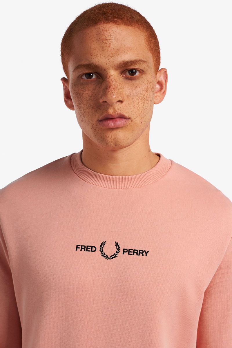 Men's Fred Perry Embroidered Sweatshirts Pink Coral | 5107943-PC