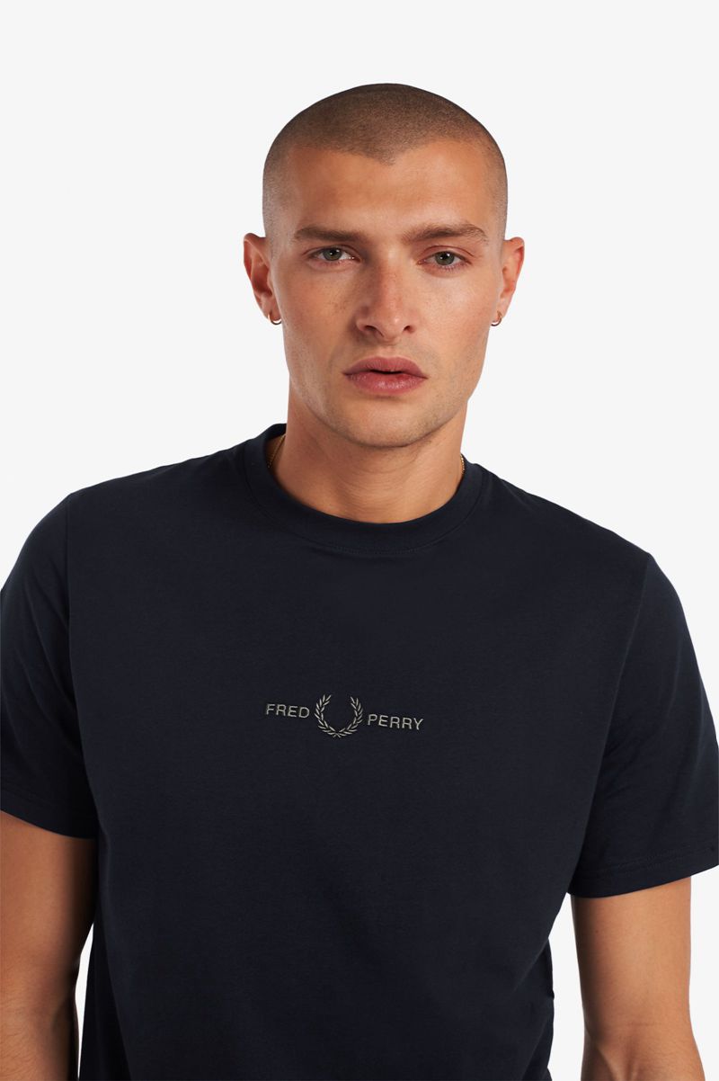 Men's Fred Perry Embroidered T-Shirts Navy | 1406937-FV