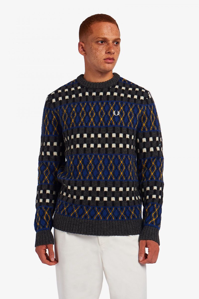 Men\'s Fred Perry Fair Isle British Wool Jumper Knitwear Royal | 6809352-IS