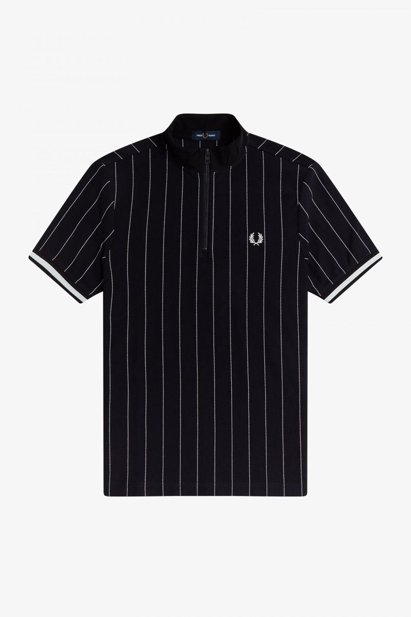 Men's Fred Perry Fine Stripe Funnel Neck Polo Shirts Navy | 8720156-PG