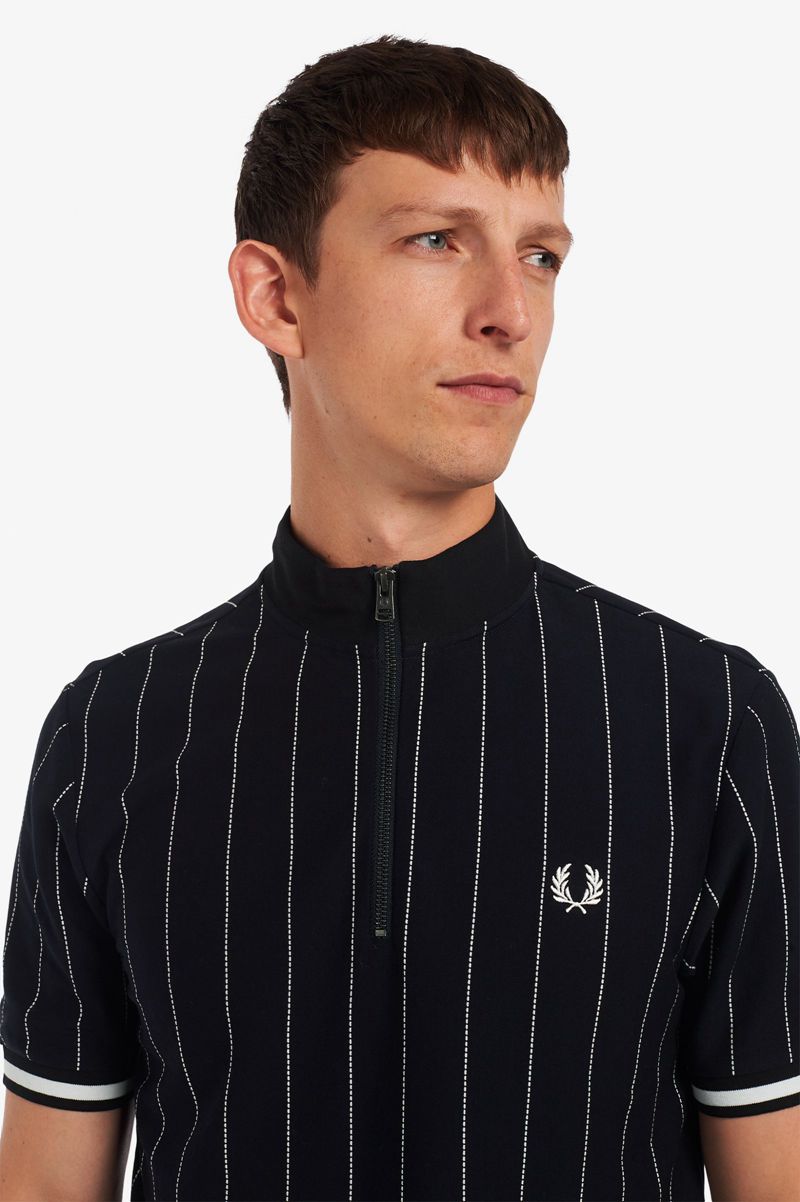 Men's Fred Perry Fine Stripe Funnel Neck Polo Shirts Navy | 8720156-PG