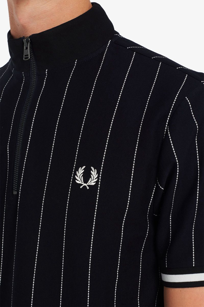 Men's Fred Perry Fine Stripe Funnel Neck Polo Shirts Navy | 8720156-PG