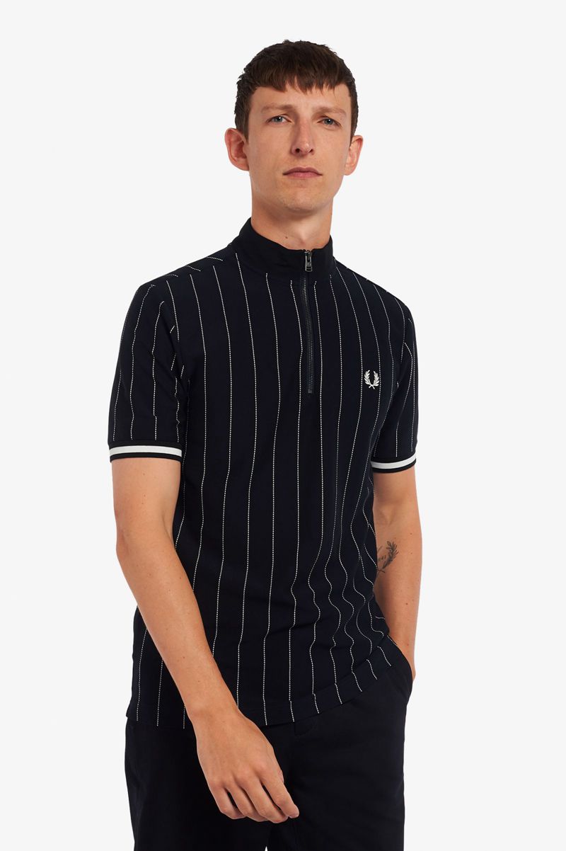 Men\'s Fred Perry Fine Stripe Funnel Neck Polo Shirts Navy | 8720156-PG