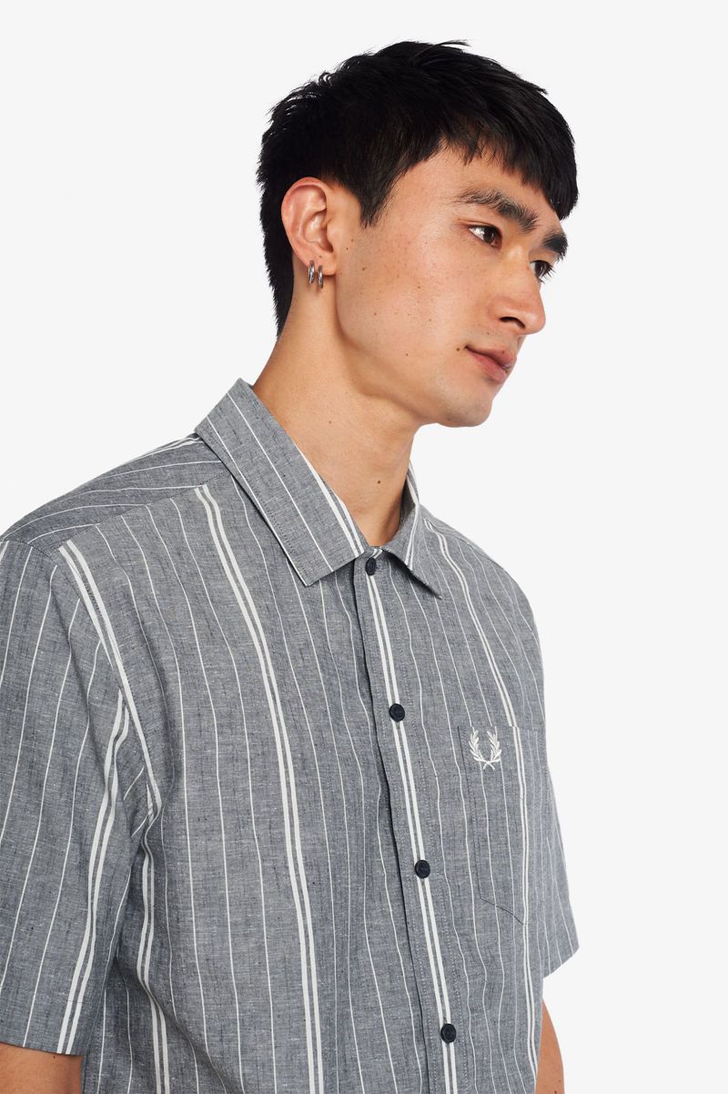 Men's Fred Perry Fine Stripe Shirts Navy | 8502173-BN