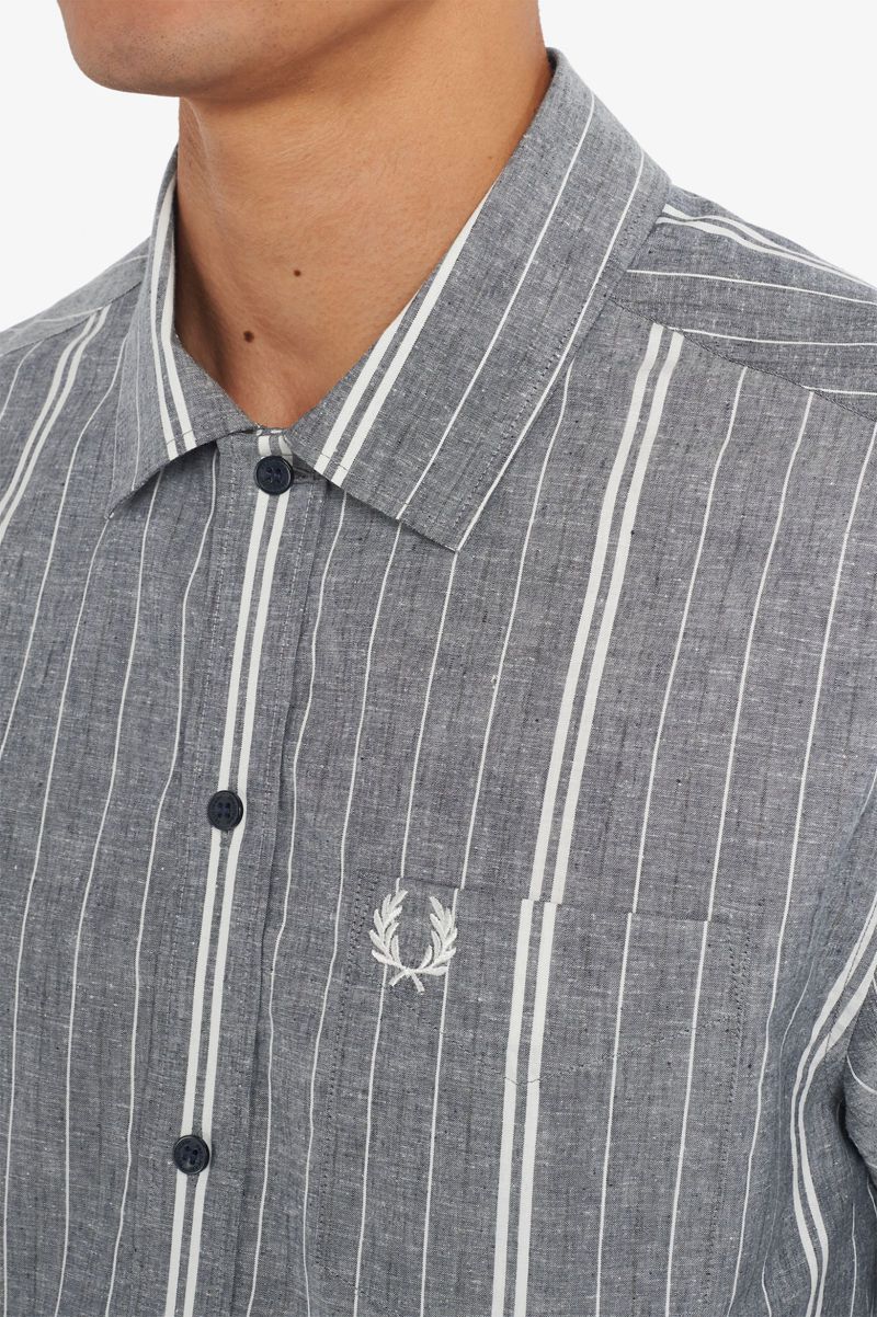 Men's Fred Perry Fine Stripe Shirts Navy | 8502173-BN