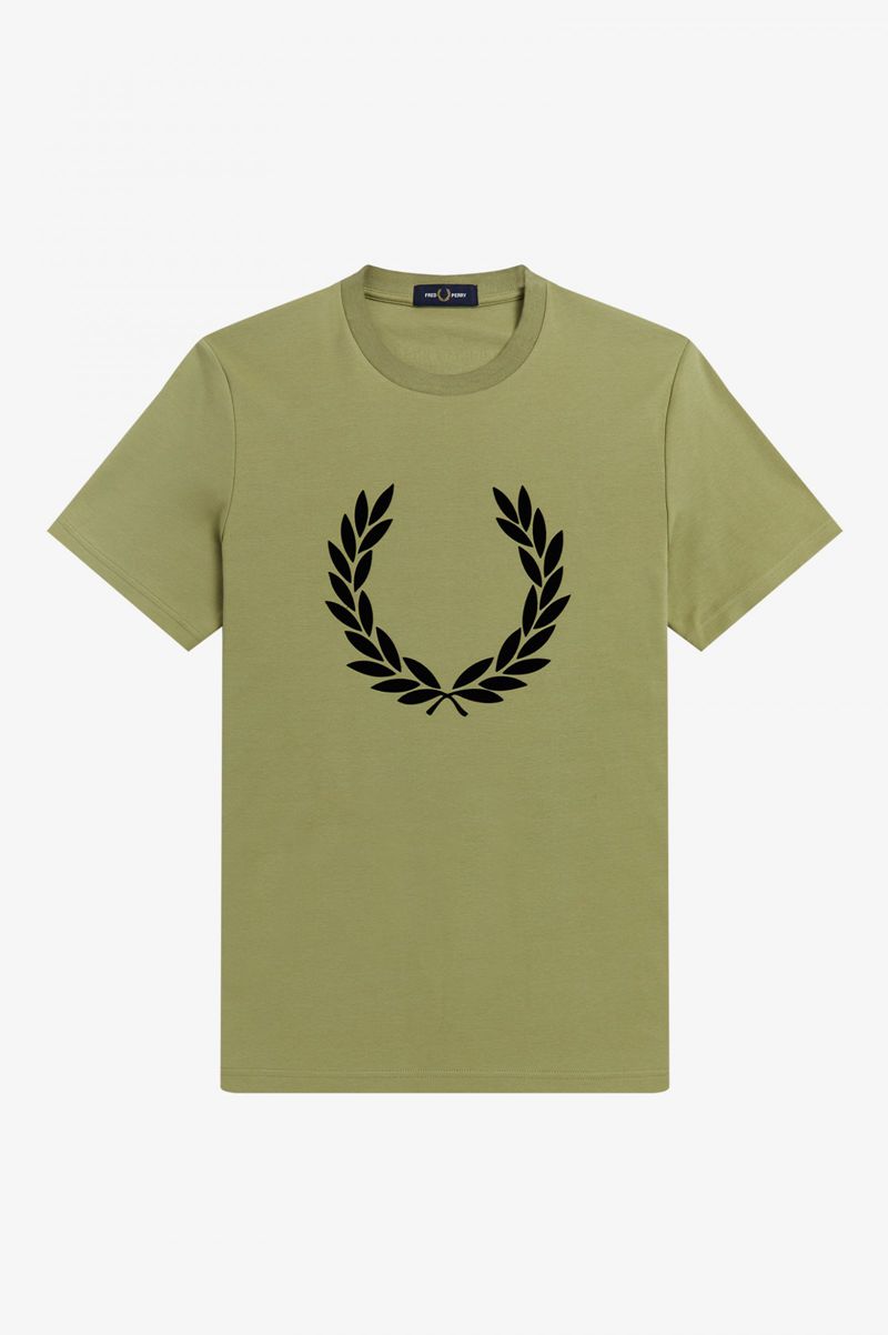 Men's Fred Perry Flock Laurel Wreath T-Shirts Olive Green | 7641235-IQ