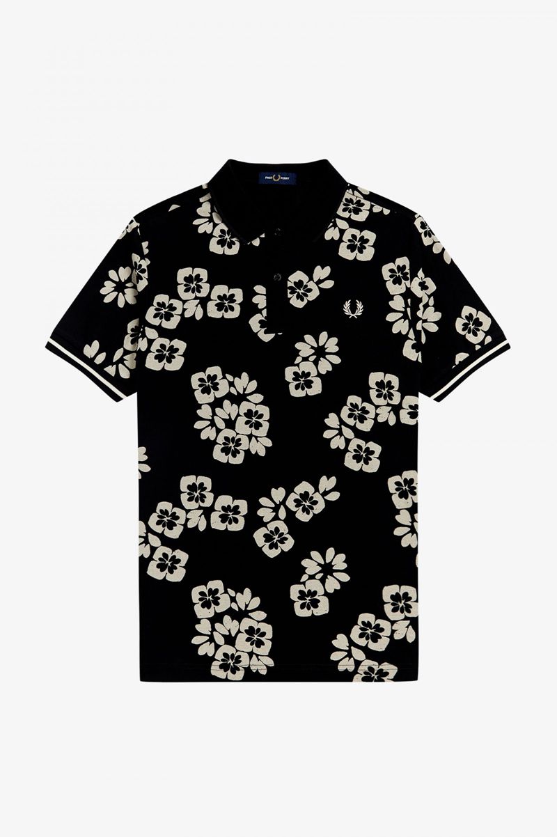 Men's Fred Perry Floral Print Polo Shirts Black | 6817405-ZS