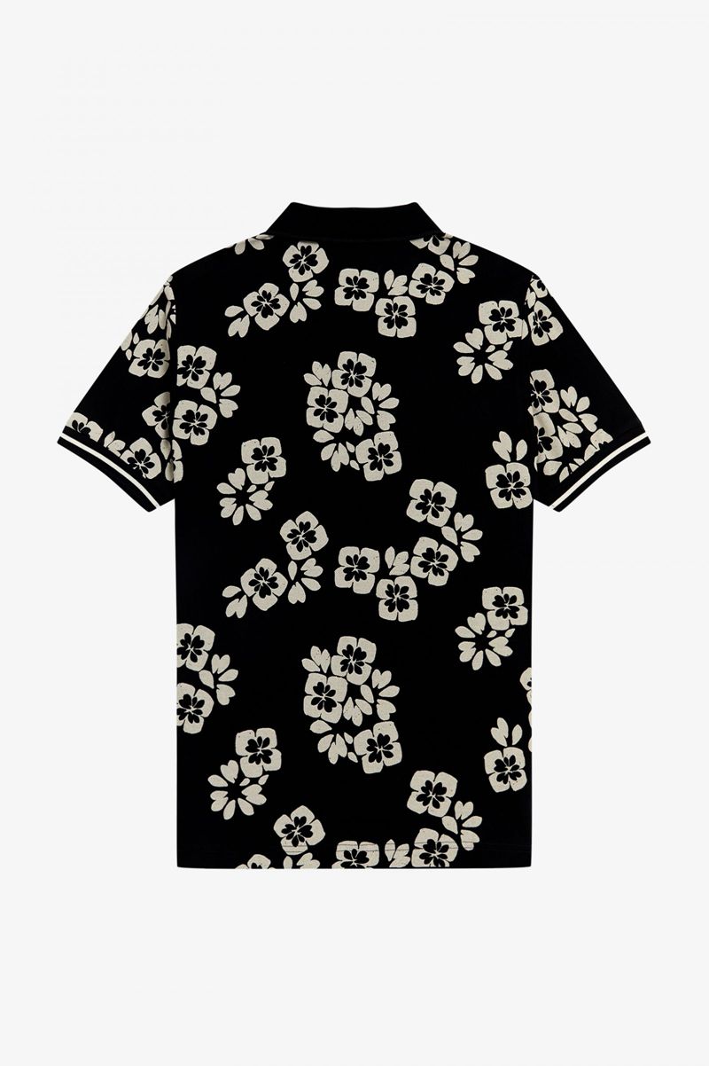 Men's Fred Perry Floral Print Polo Shirts Black | 6817405-ZS