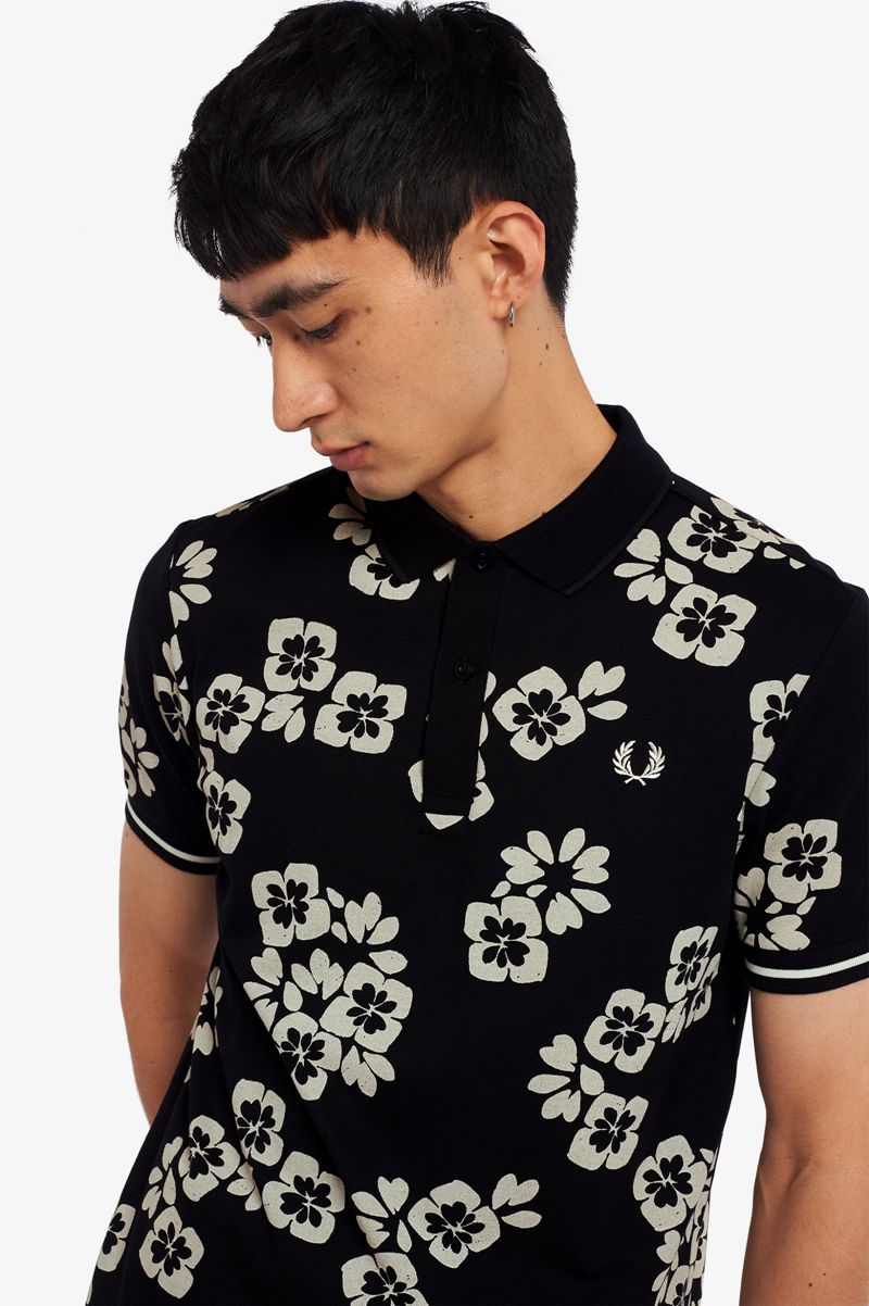 Men's Fred Perry Floral Print Polo Shirts Black | 6817405-ZS