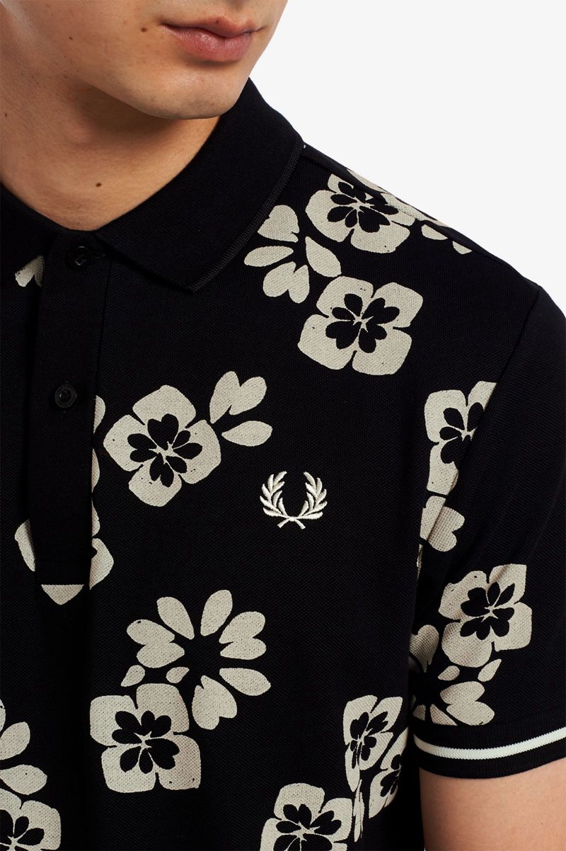 Men's Fred Perry Floral Print Polo Shirts Black | 6817405-ZS