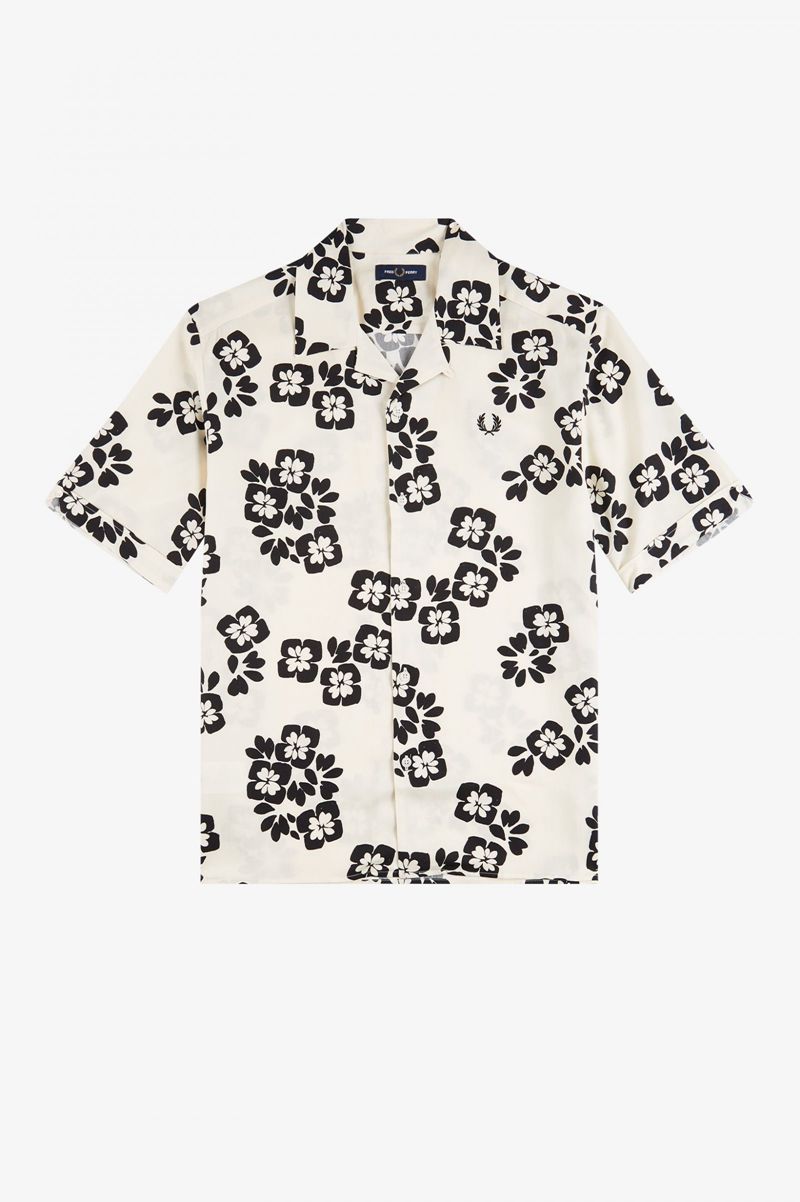 Men's Fred Perry Floral Print Revere Collar Shirts White | 6548390-PY