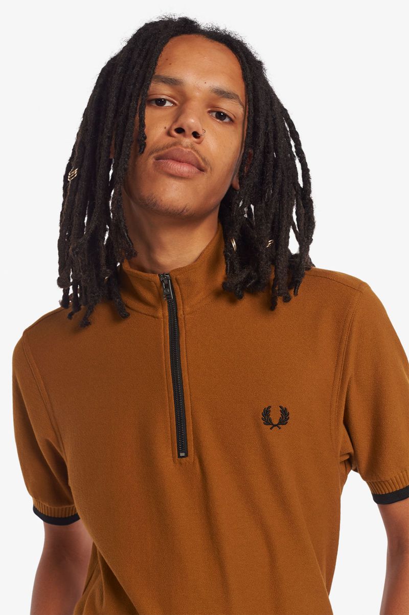 Men's Fred Perry Funnel Neck Polo Shirts Camel | 4091258-AX