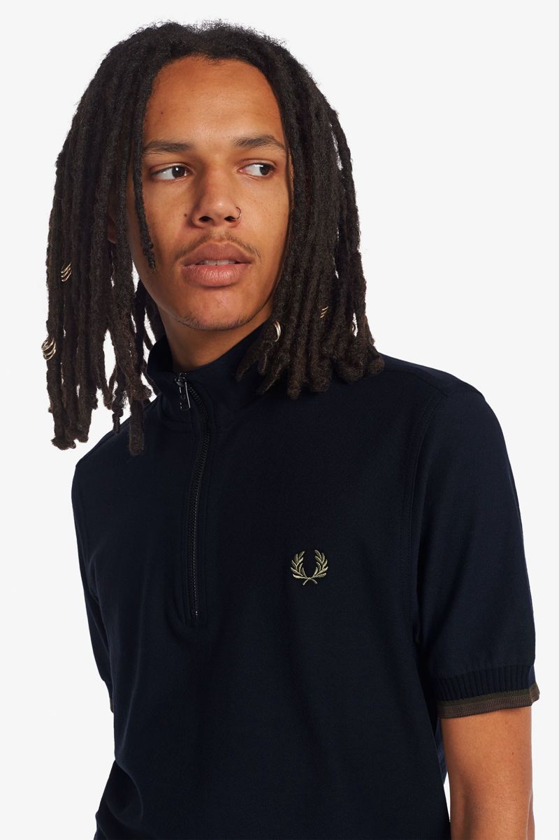 Men's Fred Perry Funnel Neck Polo Shirts Navy | 4152879-TN