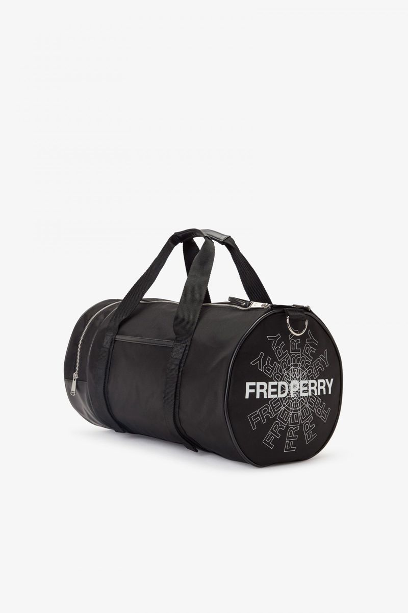 Men's Fred Perry Graphic Print Barrel Bags Black | 3170692-IL