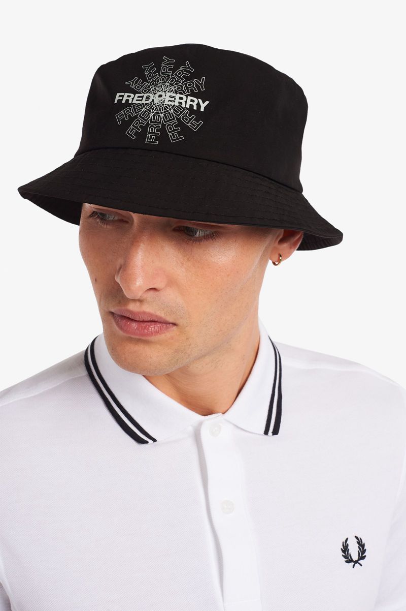 Men's Fred Perry Graphic Print Bucket Hats Black | 2594671-UB