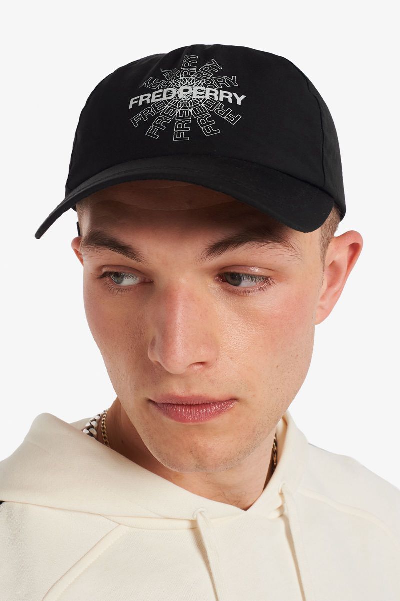 Men's Fred Perry Graphic Print Hats Black | 9451302-WK