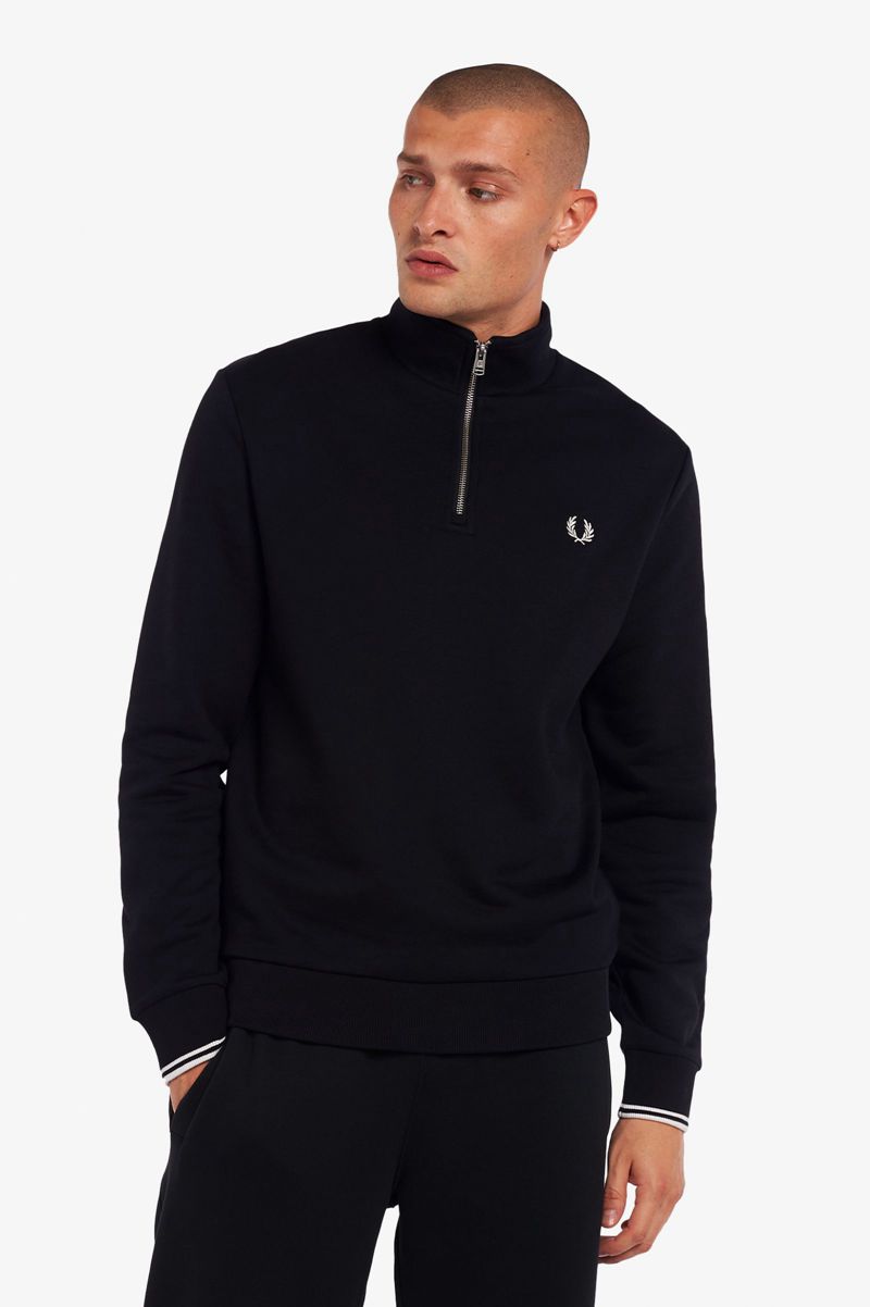 Men\'s Fred Perry Half Zip Sweatshirts Black | 4051926-FD