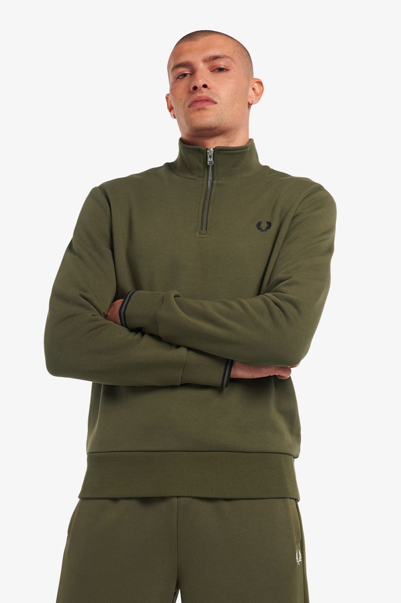 Men\'s Fred Perry Half Zip Sweatshirts Green | 4561079-EP