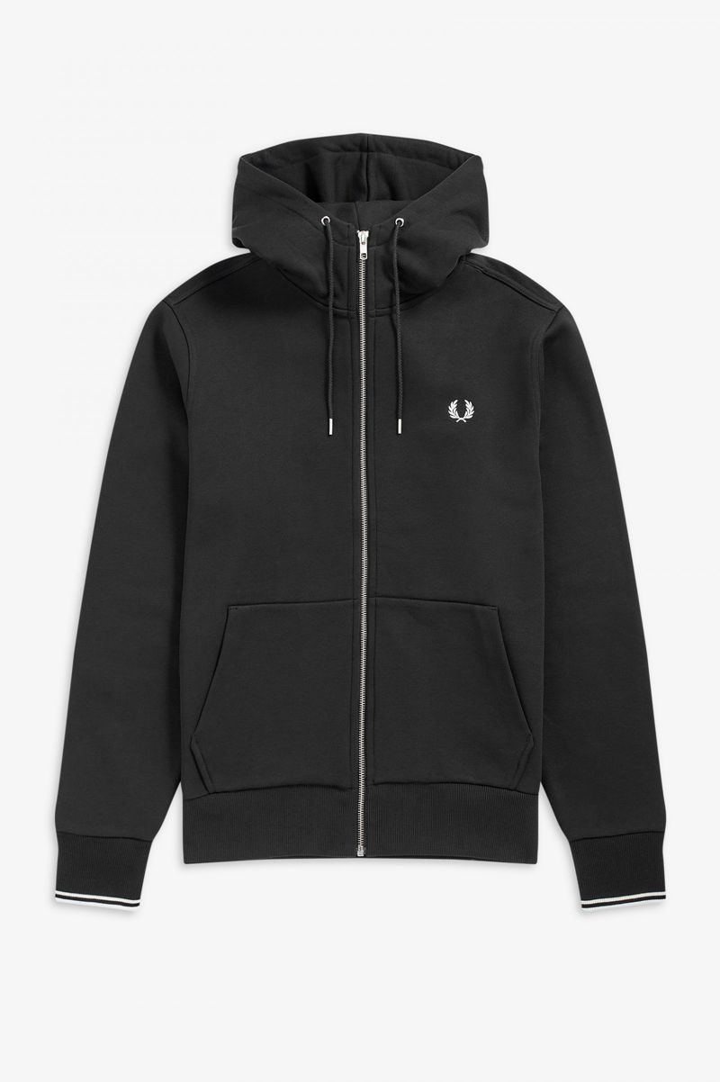 Men's Fred Perry Hooded Zip Through Sweatshirts Black | 3986107-MY