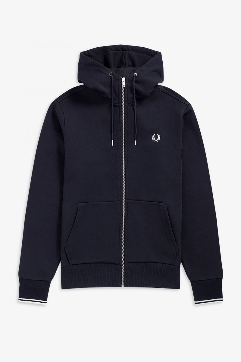 Men's Fred Perry Hooded Zip Through Sweatshirts Navy | 8072634-VB